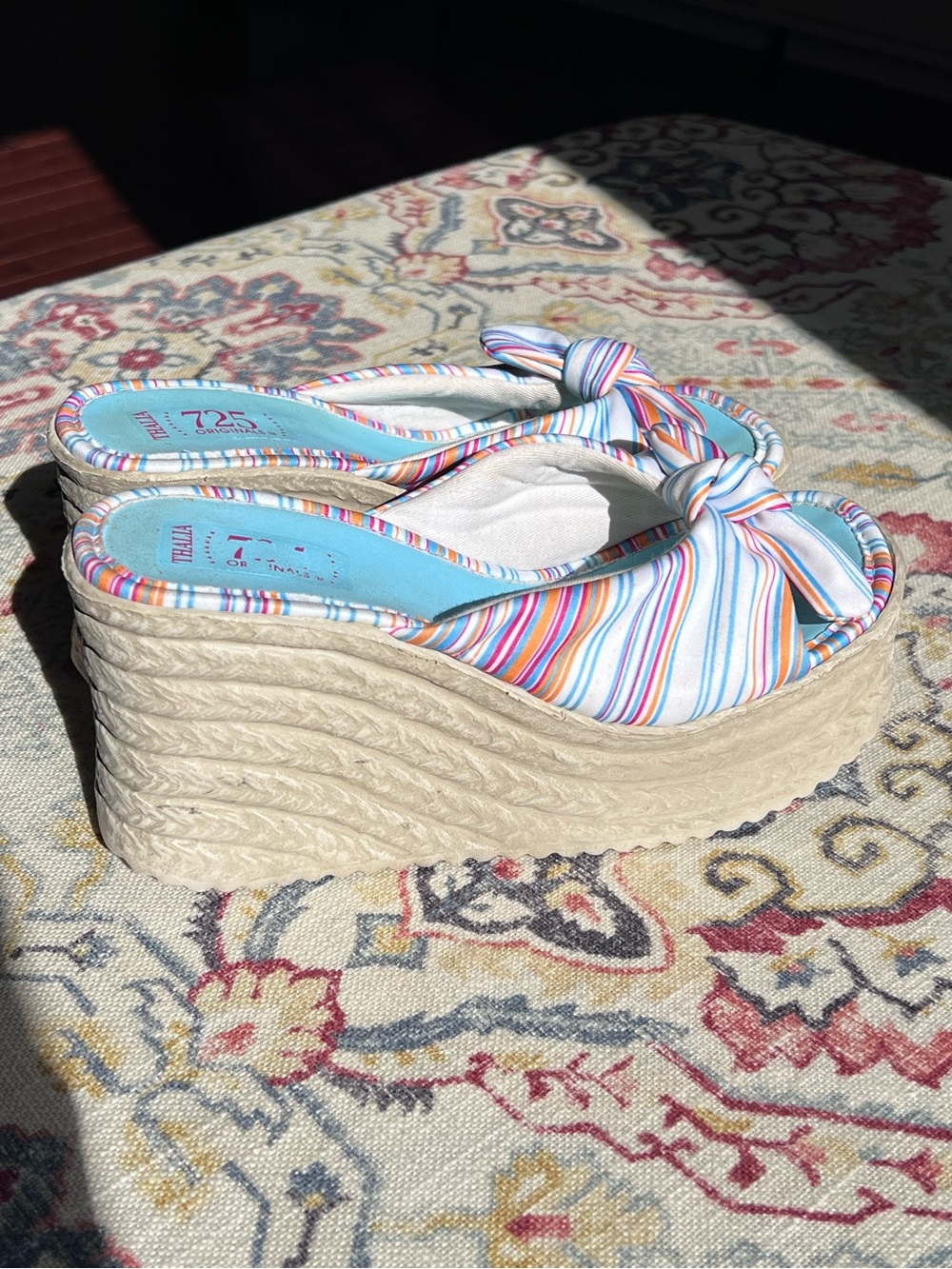 Vintage Y2K Striped Satin Platform Espadrille Wedge Flip Flop Sandals Sz 7 / 38 - Picture 6 of 6